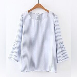 Zara Blue and White Striped Blouse with Flared Sleeves